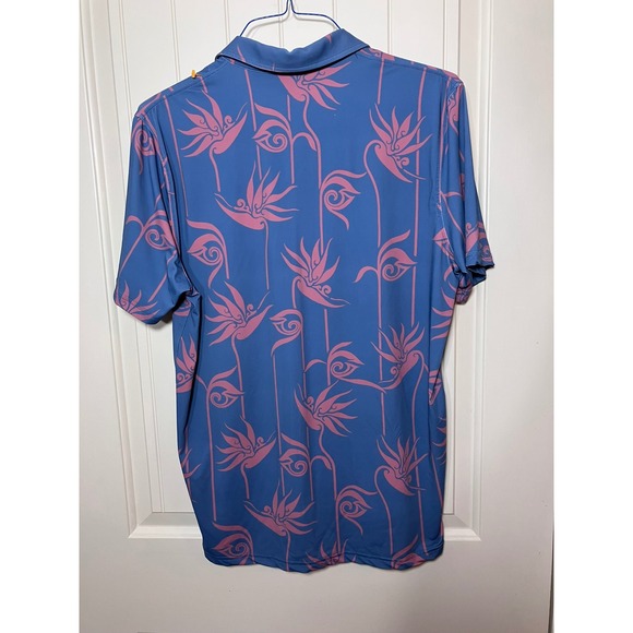 Reyn Spooner Alfred Shaheen Mens Medium Blue Pink Bird of Paradise Polo Shirt - Picture 2 of 14